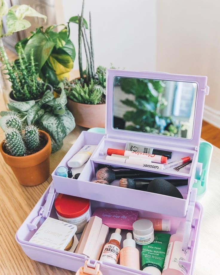 Travel Makeup Organizer Case with Mirror and Multiple Compartments - Seafoam Over Lavender