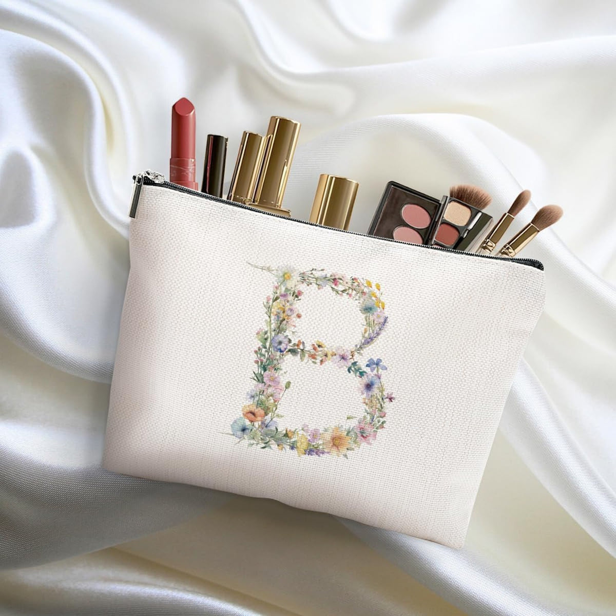 Personalized Flower Initial Makeup Bag - Monogram Cosmetic Pouch for Women & Girls