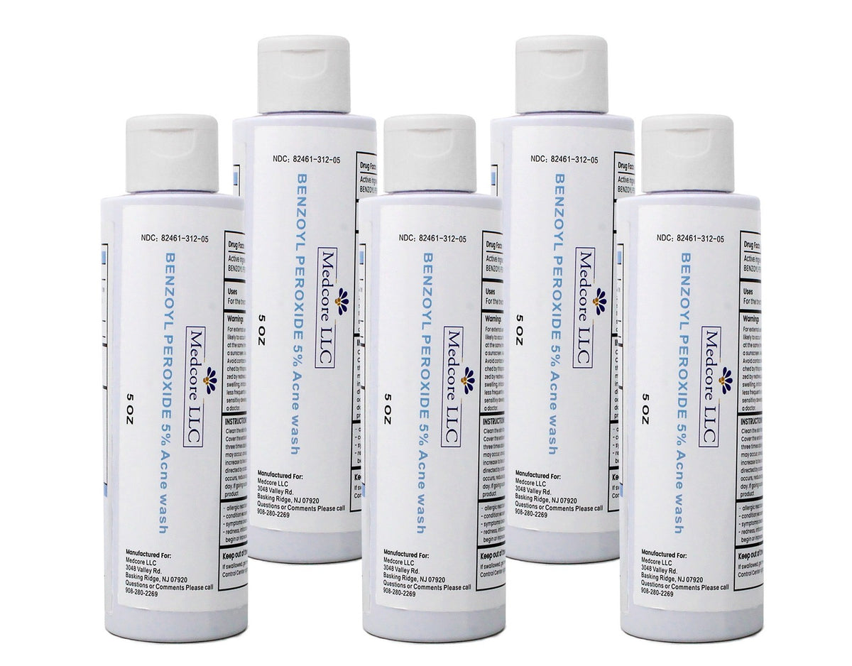 Medcore Benzoyl Peroxide 5% Acne Wash - 5 oz, Pack of 5 for Acne Treatment