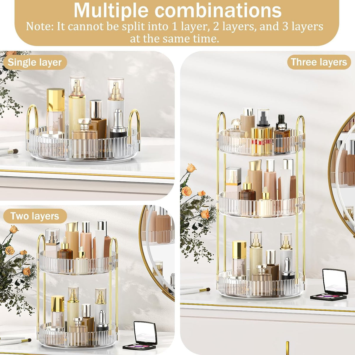 Rotating Makeup Organizer for Vanity, 3 Tiers, Clear, Adjustable Storage