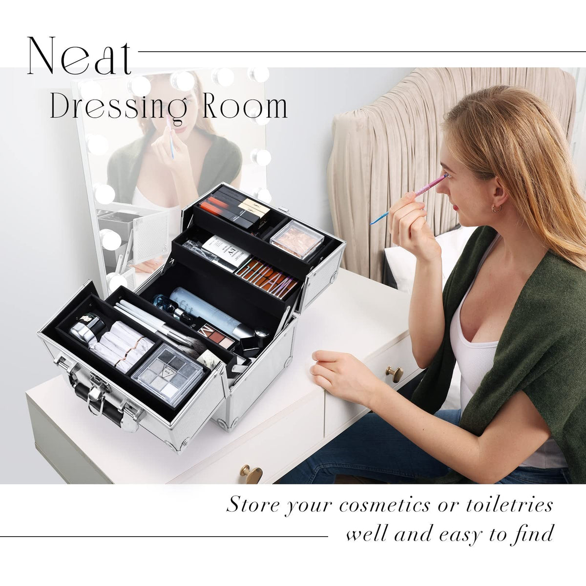 Portable Makeup Organizer Case with Lock, 4-Tier Trays, Silver Travel Storage
