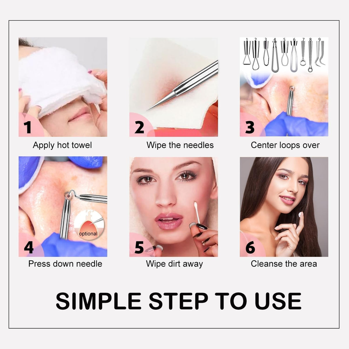 6-Piece Stainless Steel Blackhead Remover Kit - Ergonomic & Durable