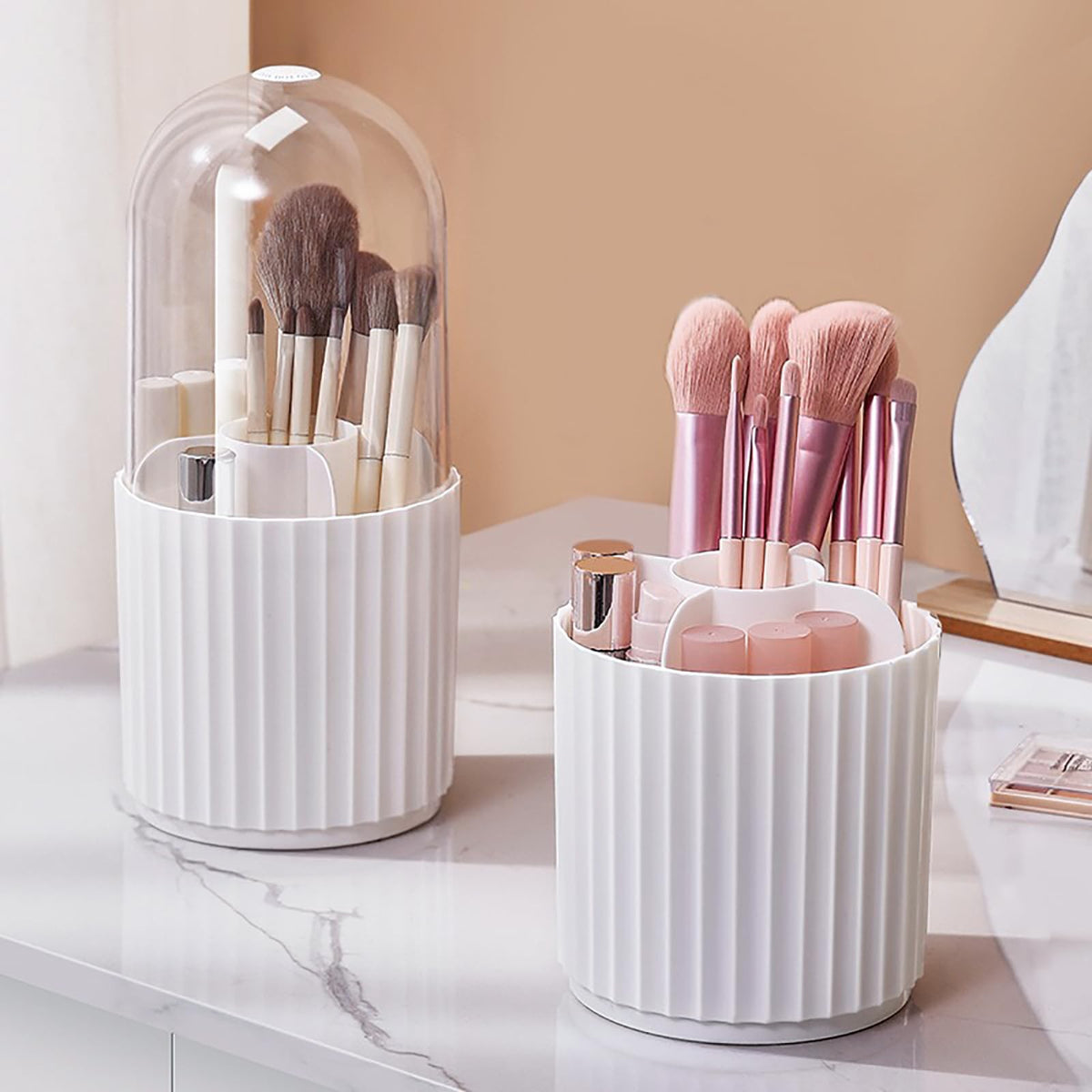 360° Rotating Makeup Brush Organizer with Compartments - Spinning Cosmetics Storage
