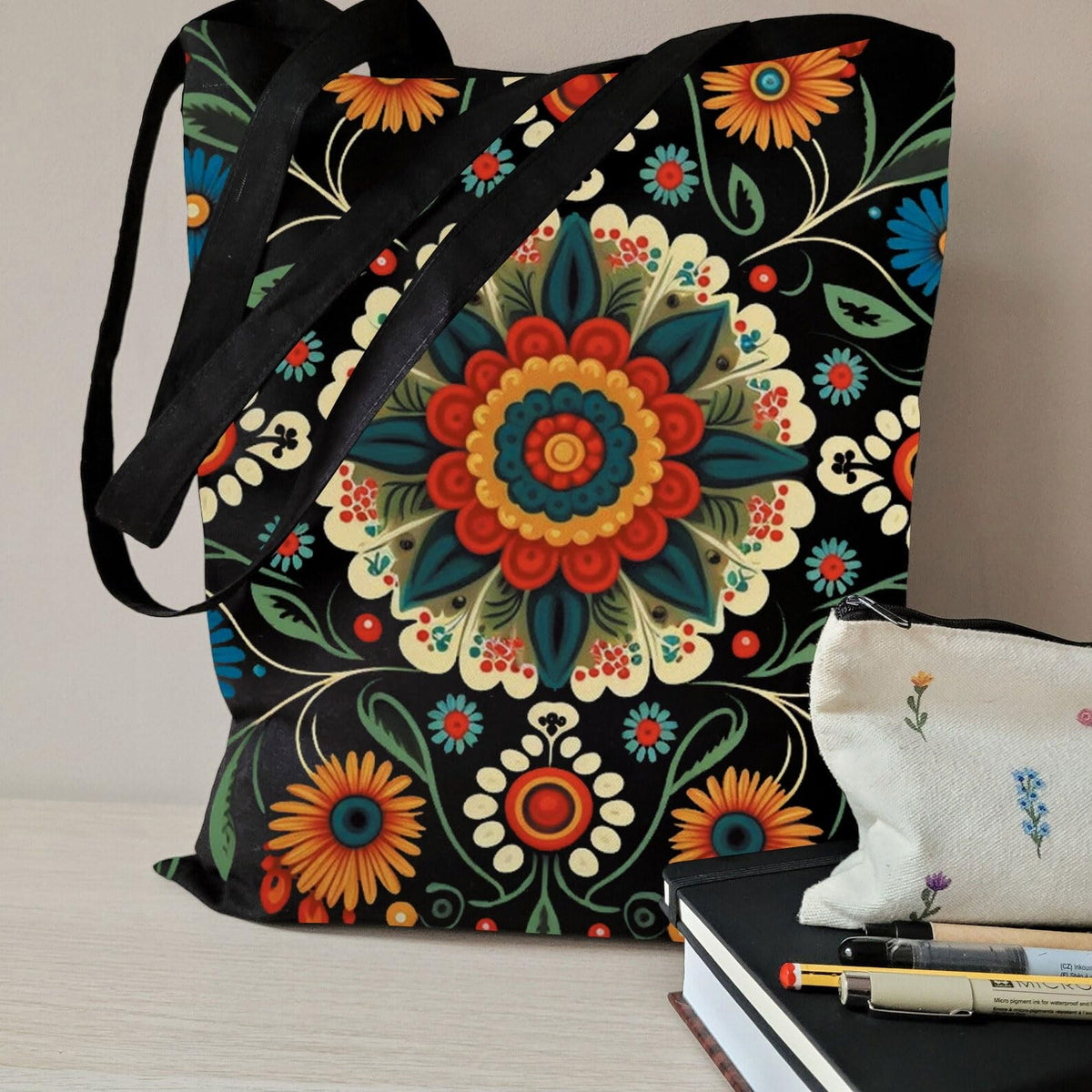 Polish Folk Art Tote Bag with Flowers - Reusable Handbag for Grocery & Travel