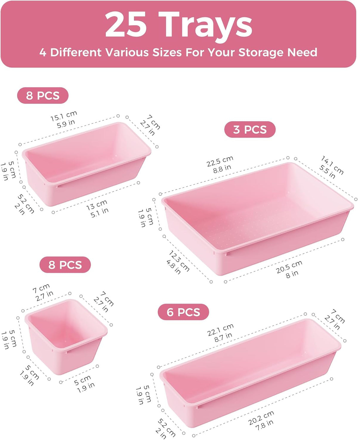 25-Piece Plastic Drawer Organizer Set with 4 Sizes for Vanity, Makeup, Office & Kitchen Storage