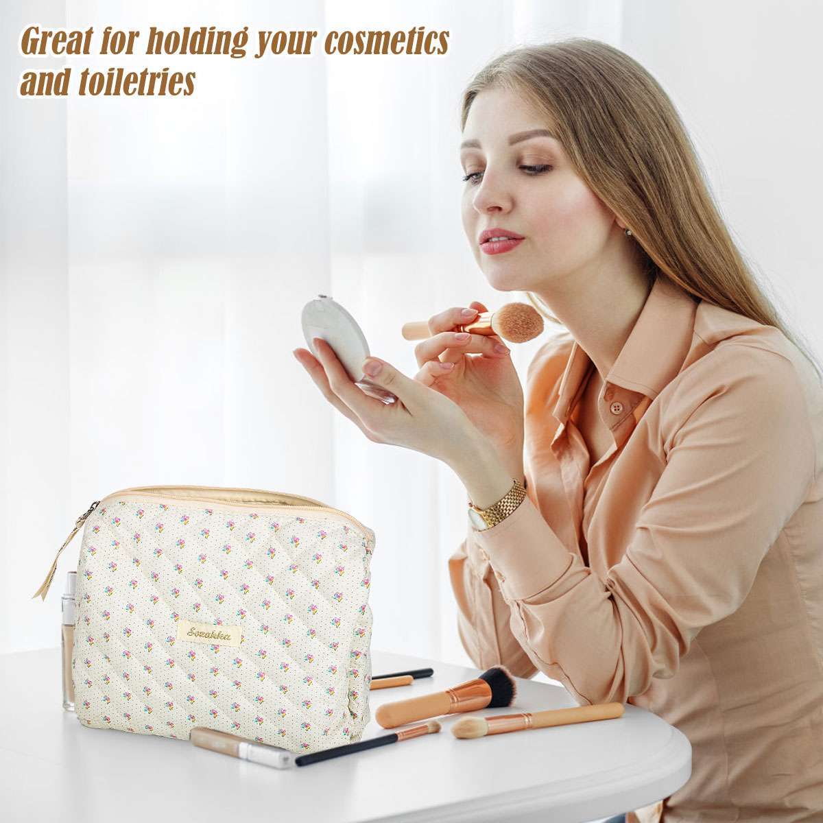 Elegant Travel Cosmetic Bag Organizer with Flower Pattern - Padded Toiletry Storage