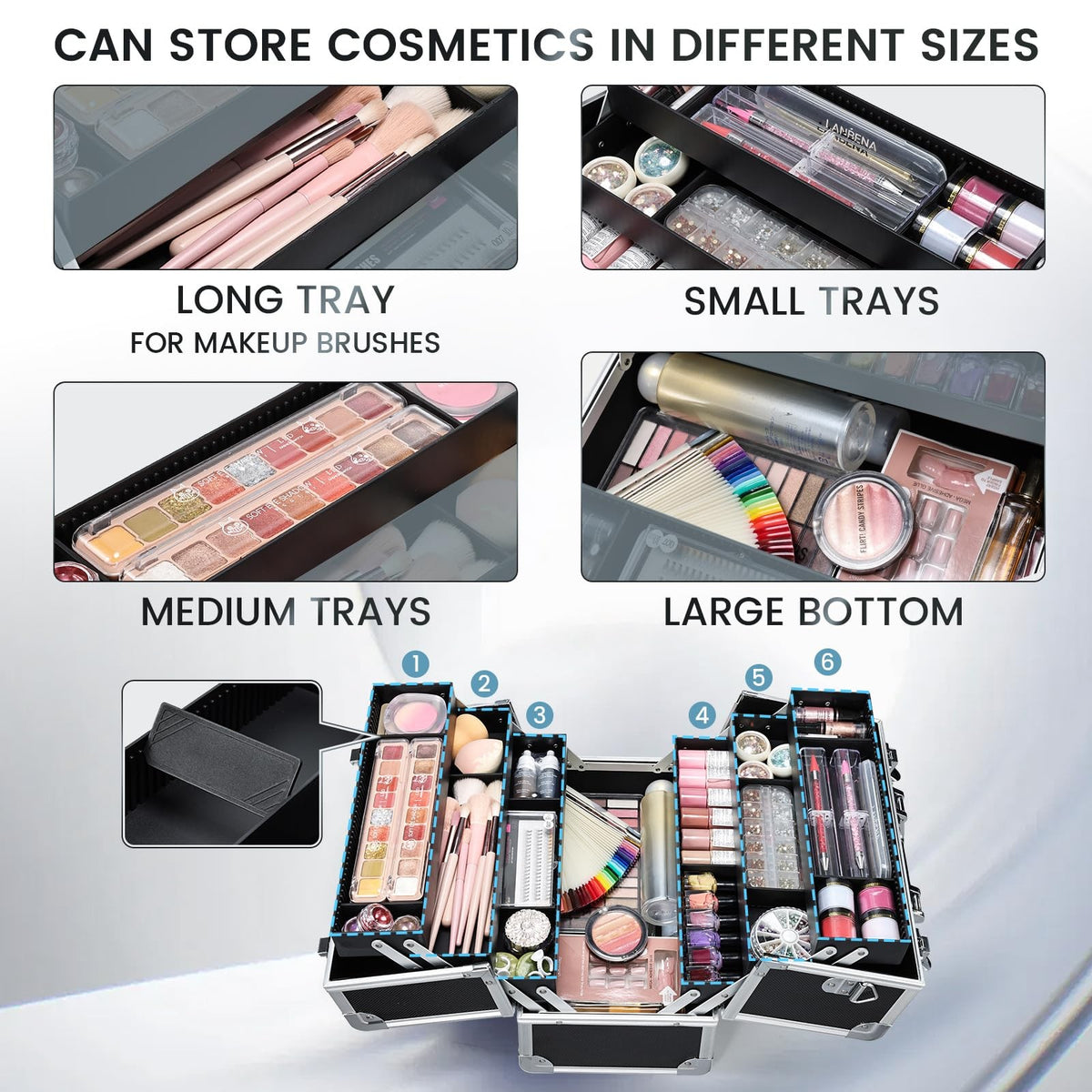 Large Makeup Train Case with 6 Trays - Portable Cosmetic Organizer, Lockable, 12.6 Inch