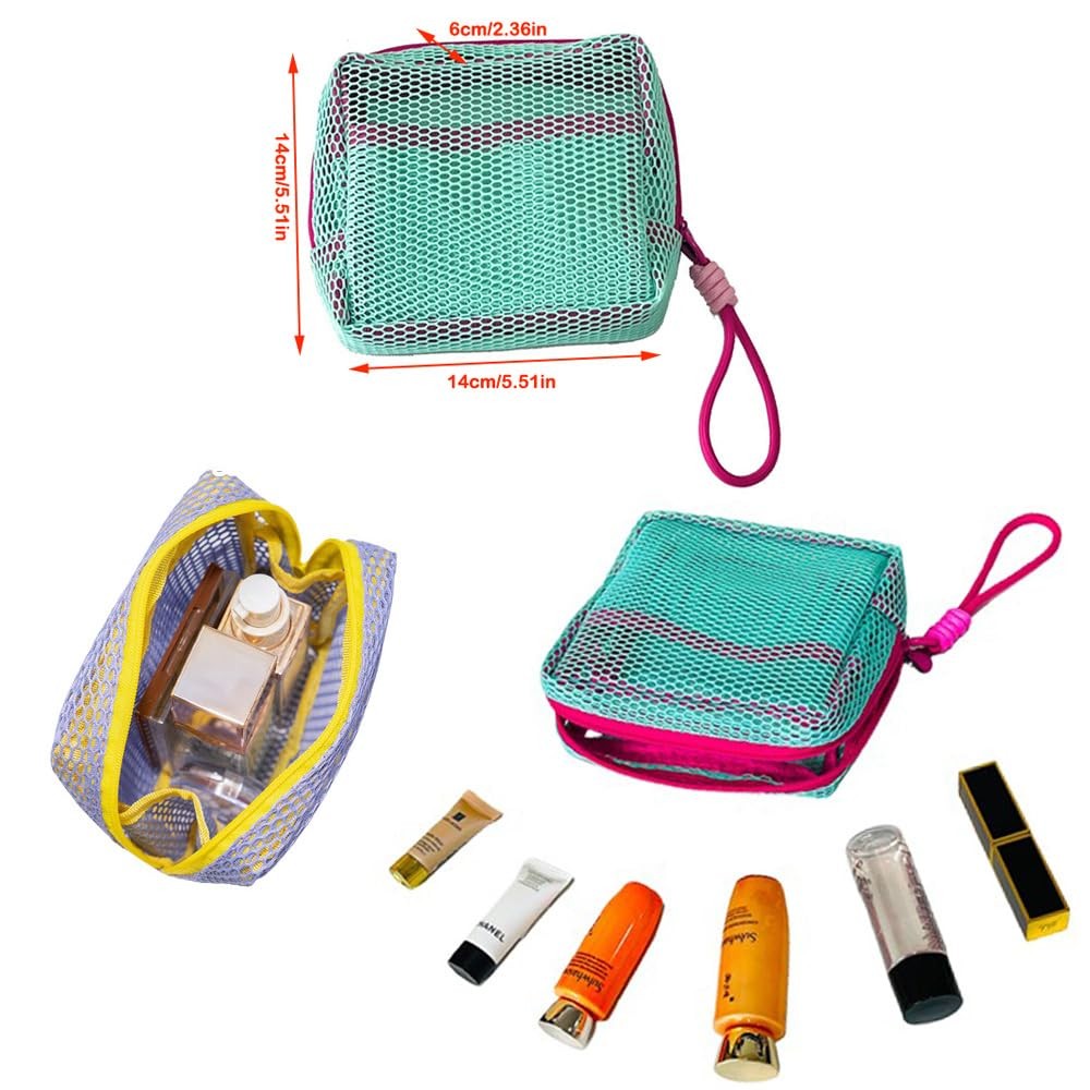 2 Pack Mesh Cosmetic Bags Small Travel Organizer with Detachable Handles - Green & Purple