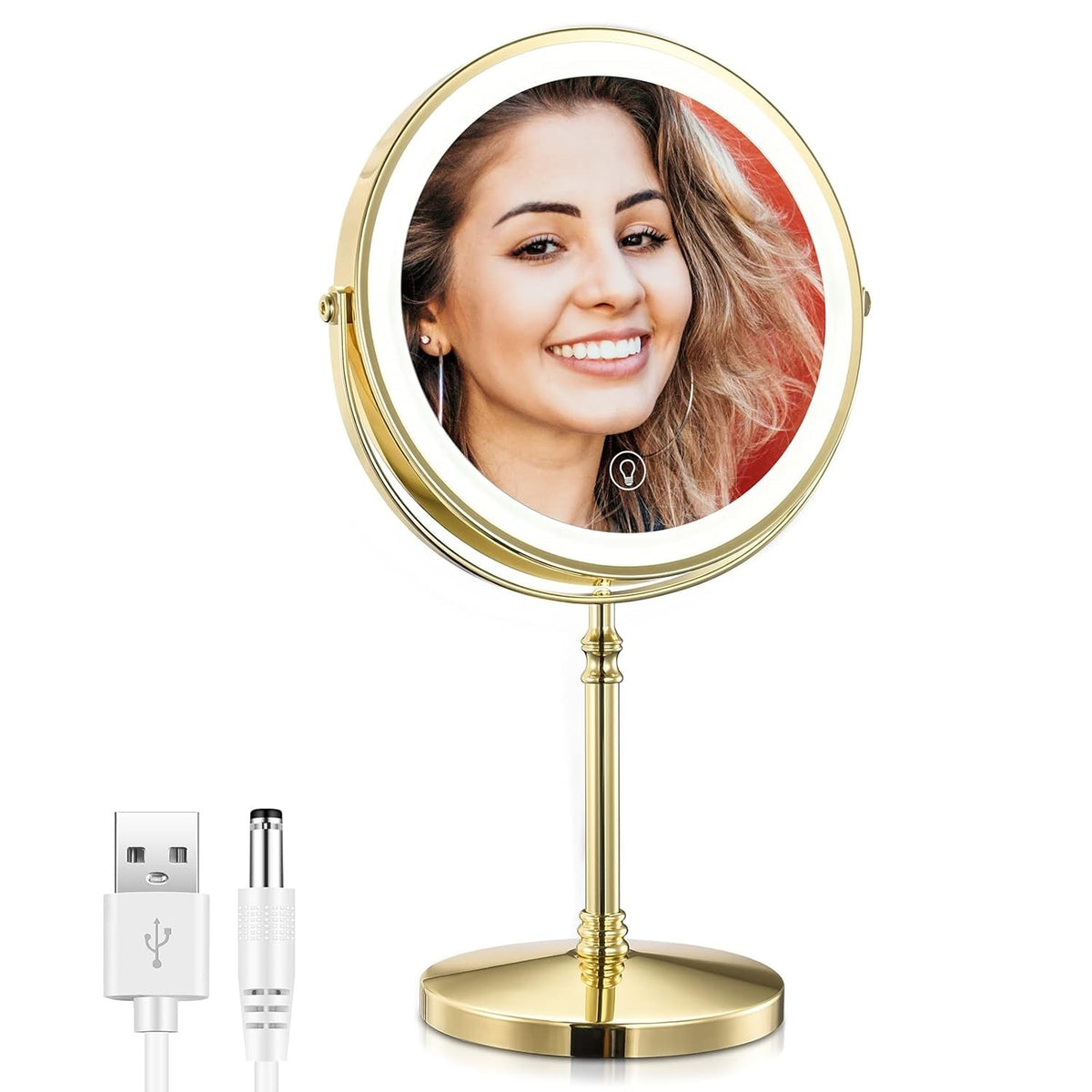 Rechargeable Lighted Makeup Mirror with 10X Magnification and 3 Lighting Modes - Gold