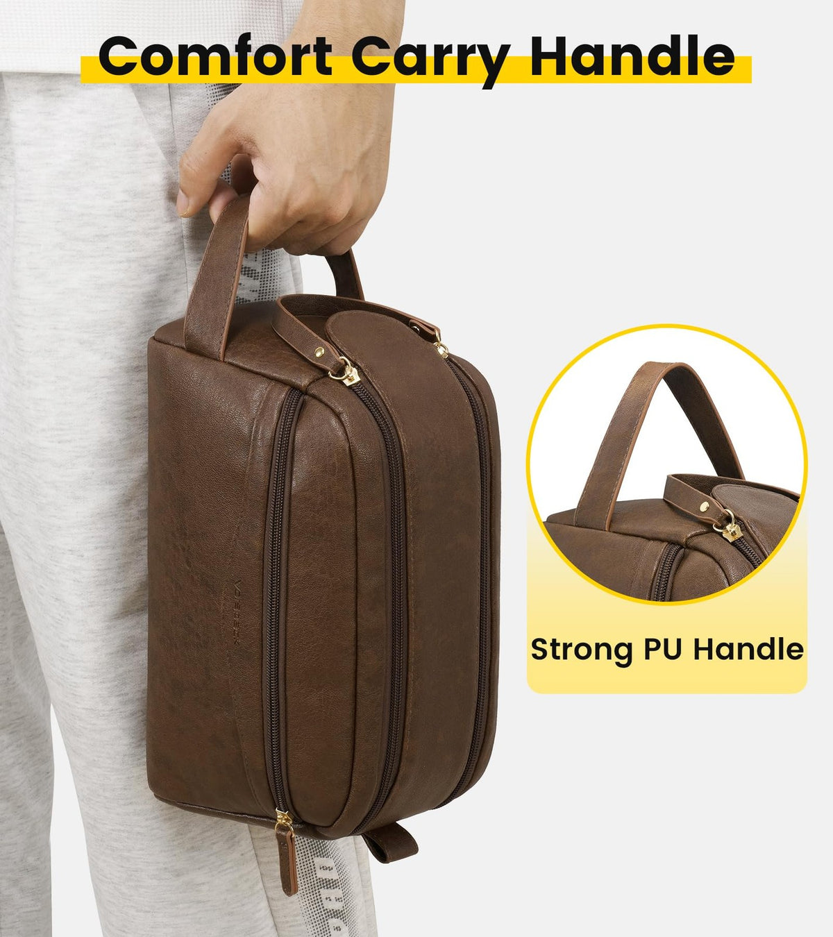 Men's PU Leather Toiletry Bag with Wide Opening Travel Organizer