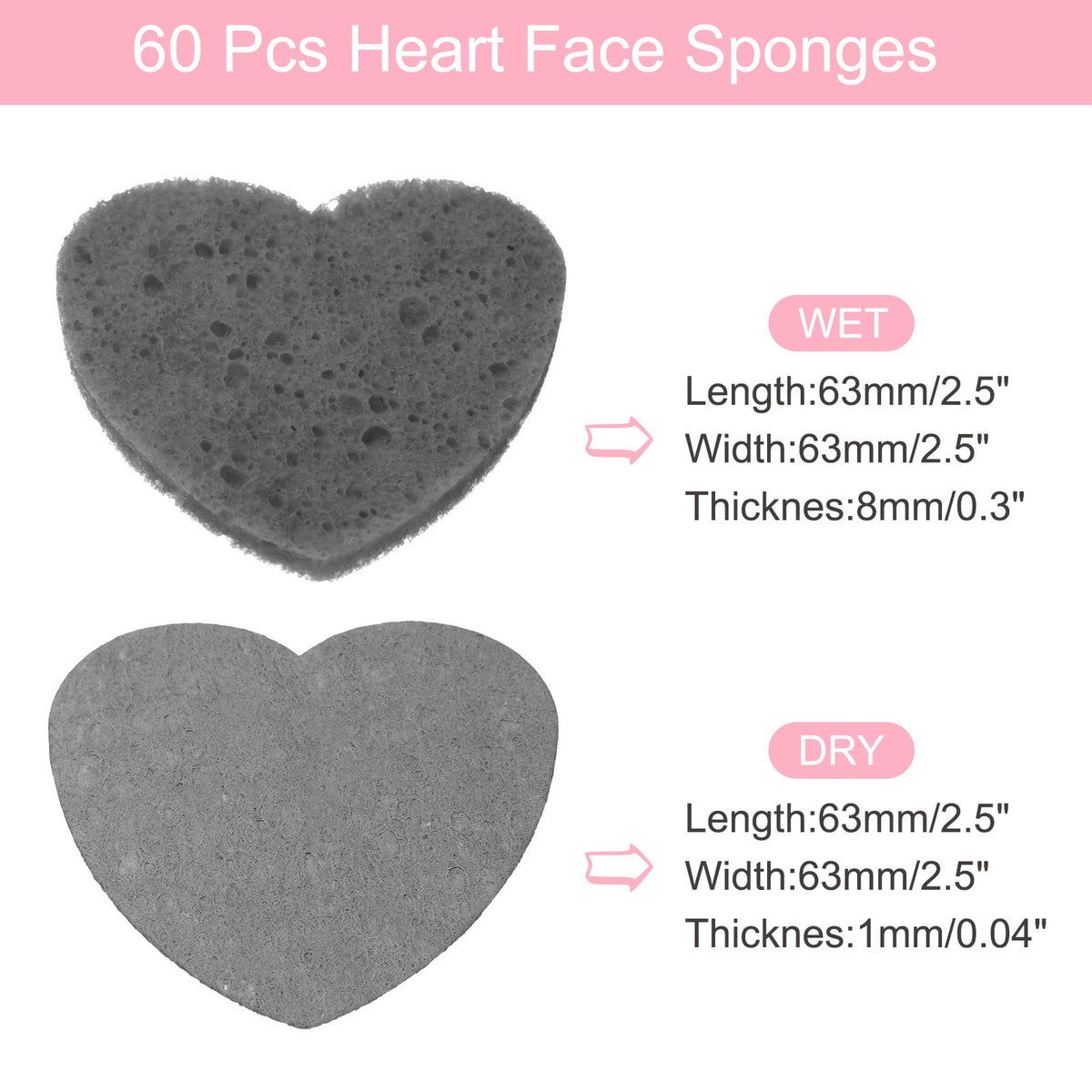 60 Black Heart-Shaped Compressed Facial Sponges for Skincare