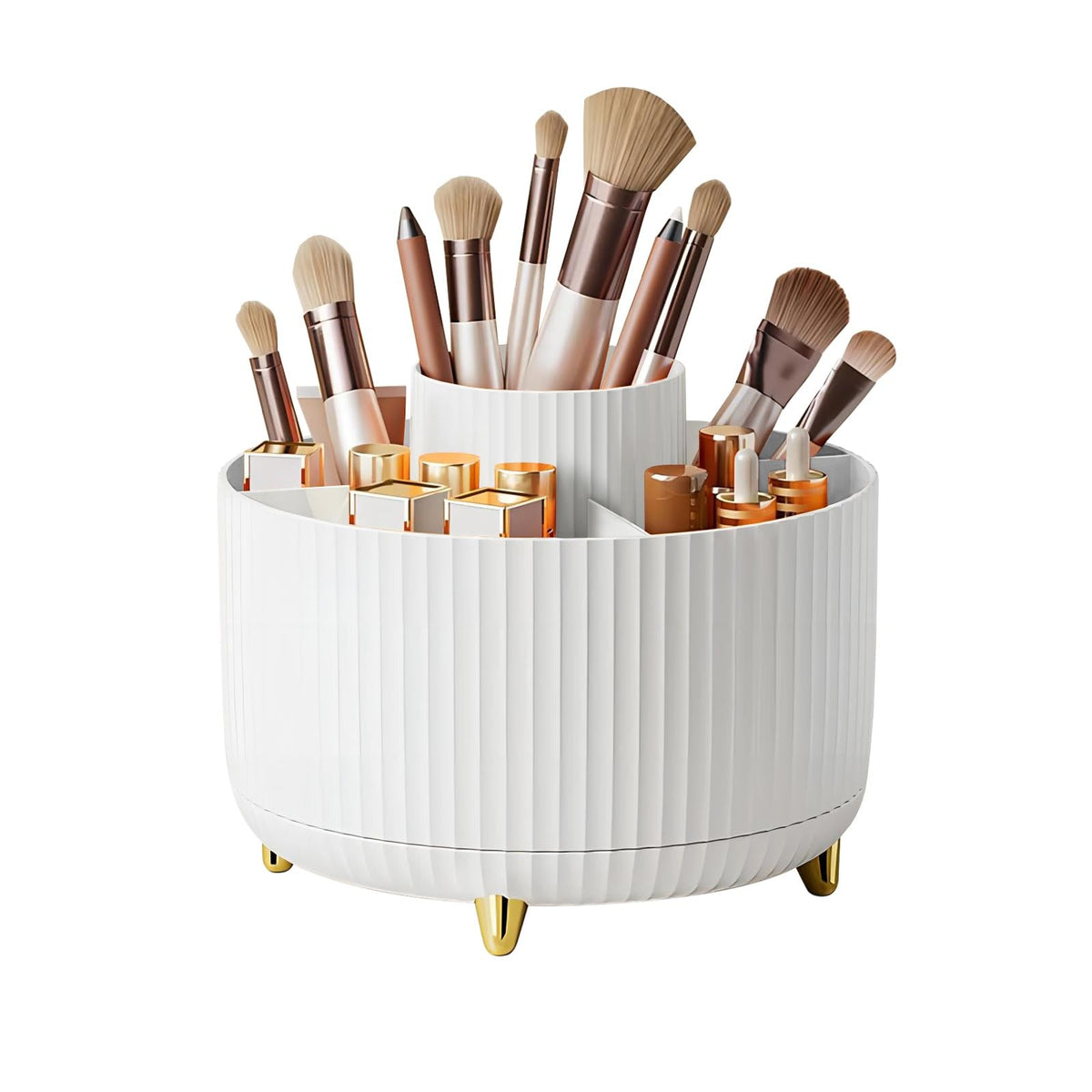 Large Capacity 360° Rotating Makeup Brush Organizer with 5 Slots - White Vanity Storage