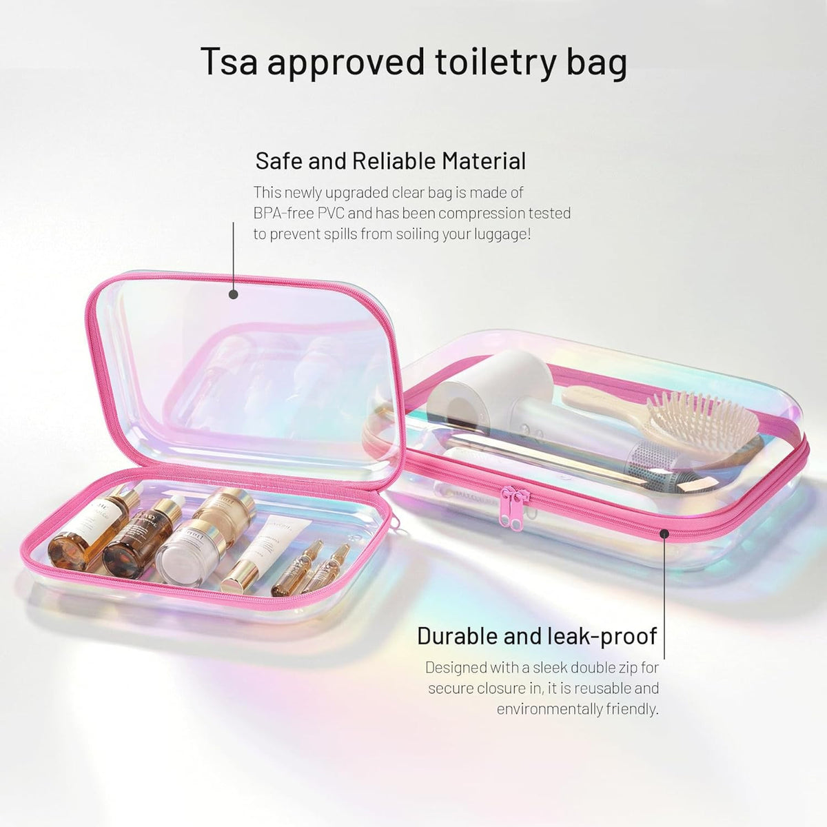 Clear Hard Shell Makeup & Toiletry Bag Set - Iridescent Waterproof Travel Organizer, Large Capacity, 2 Pieces