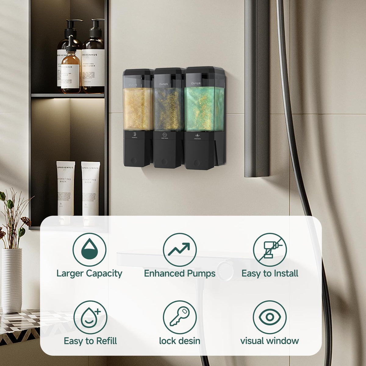 Shampoo and Conditioner Dispenser 3 Chamber 17oz No Drill Shower Soap