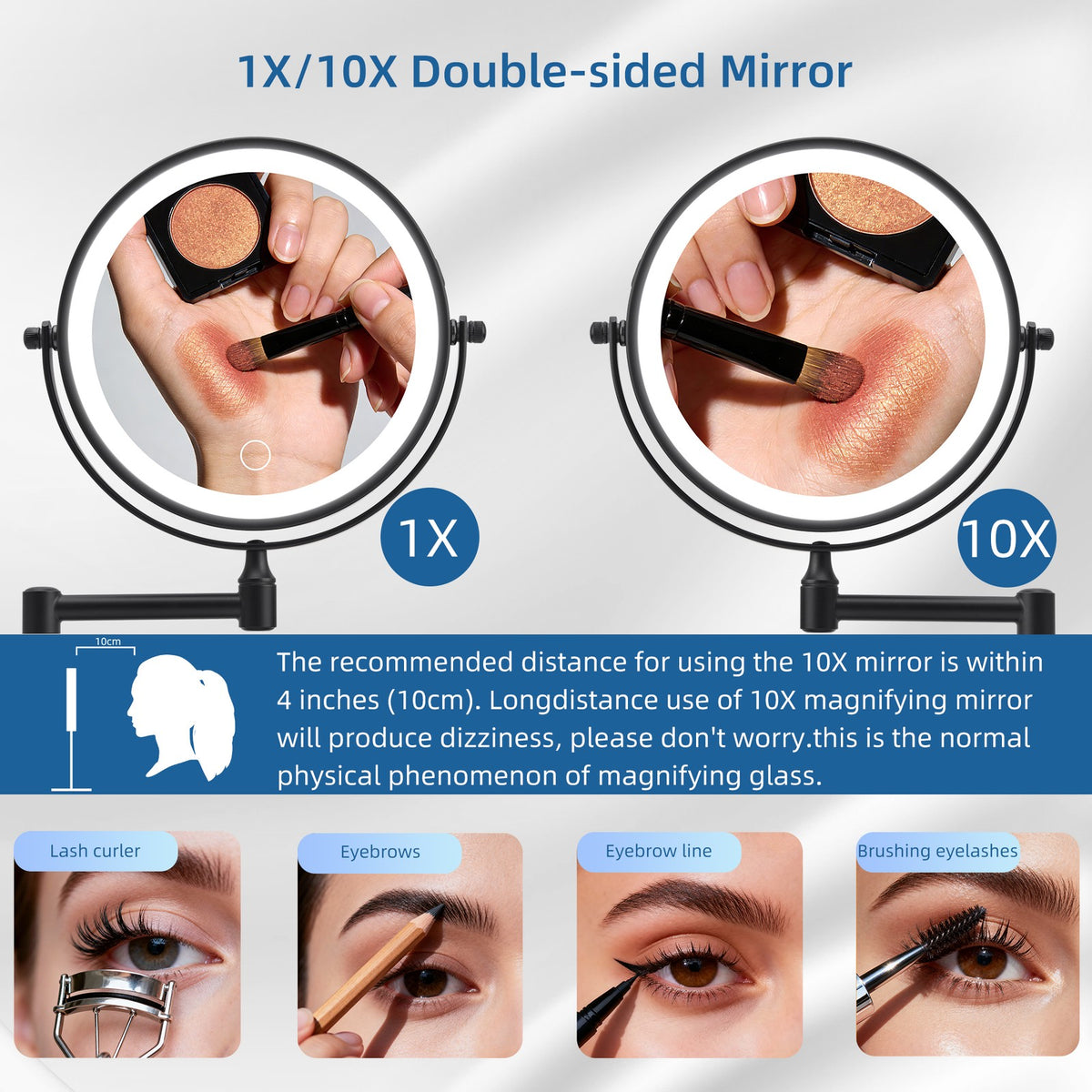 Rechargeable LED Wall Mounted Makeup Mirror with 3 Color Lights 8-inch 10X Magnification