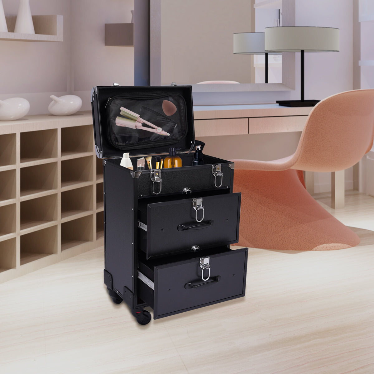 Professional Rolling Makeup Train Case with Multi-Layer Storage and Durable Aluminum Frame