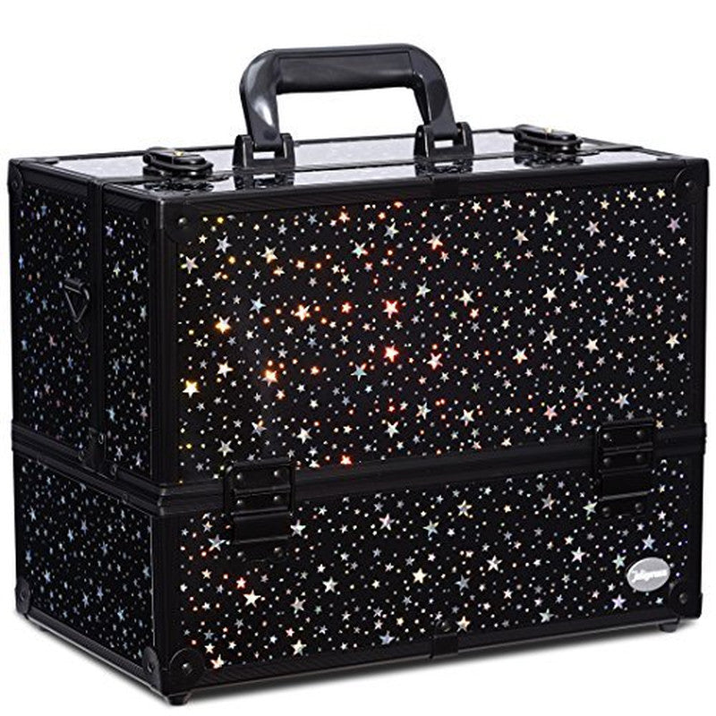 Large Makeup Train Case with 6 Adjustable Trays and Locking Lid - Professional Cosmetic Organizer