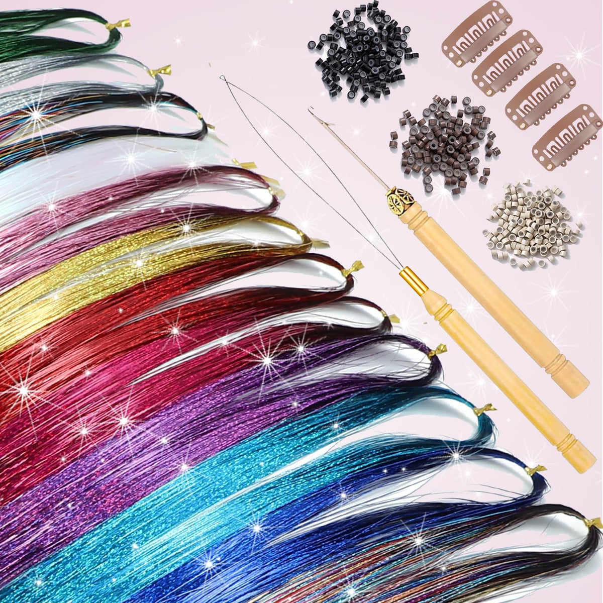 Nineibei 22 Colors Hair Tinsel Kit, 8800 Strands 48 Inch Inch,