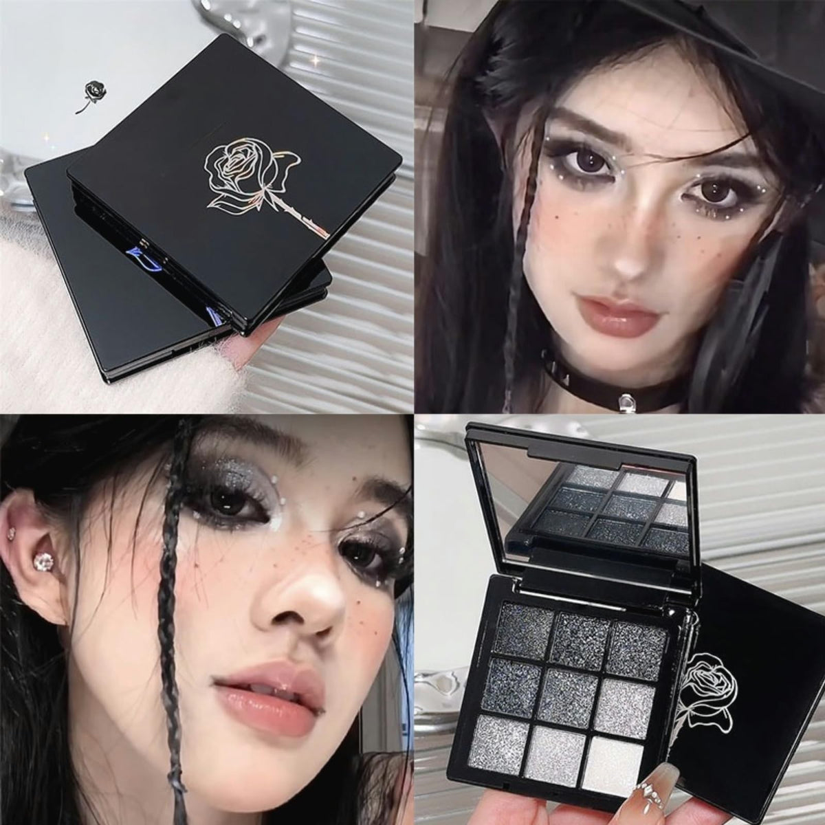 Glitter Eyeshadow Palette - 9 Colors, Waterproof & Long-Lasting, Black Silver