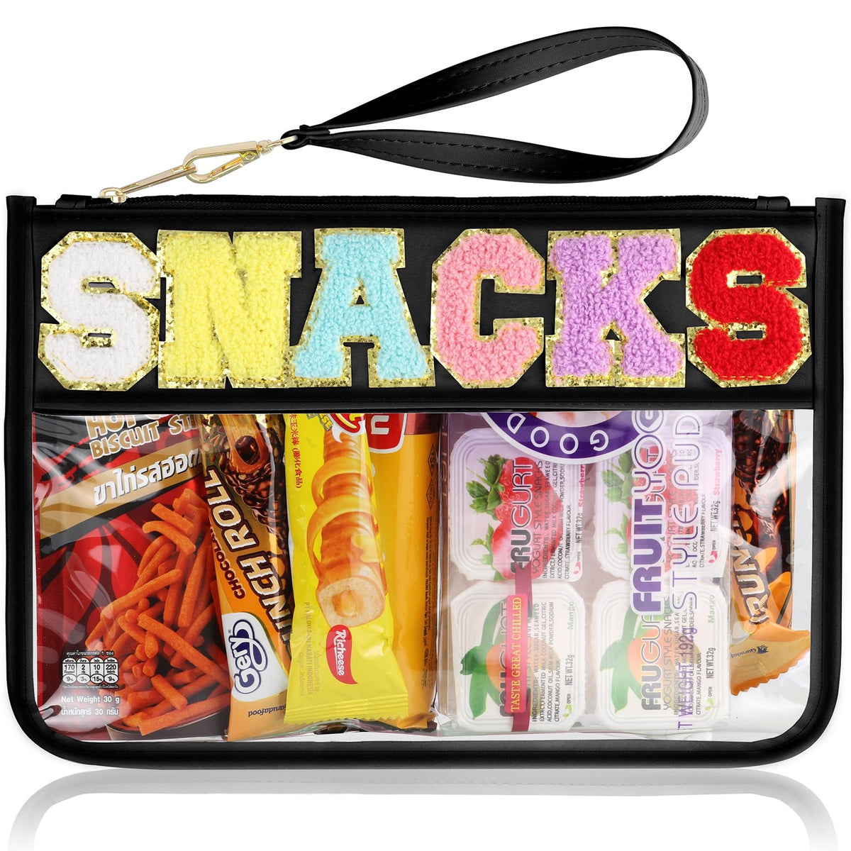 Travel Snack Bag with Zipper & Clear PVC Chenille Letter Patch - Waterproof Pouch