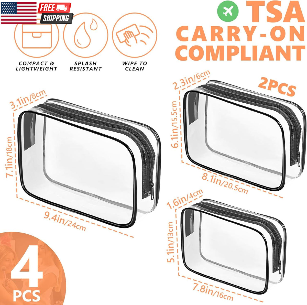 Clear Travel Makeup Bag - TSA Approved PVC Cosmetic Organizer - Multi-Size