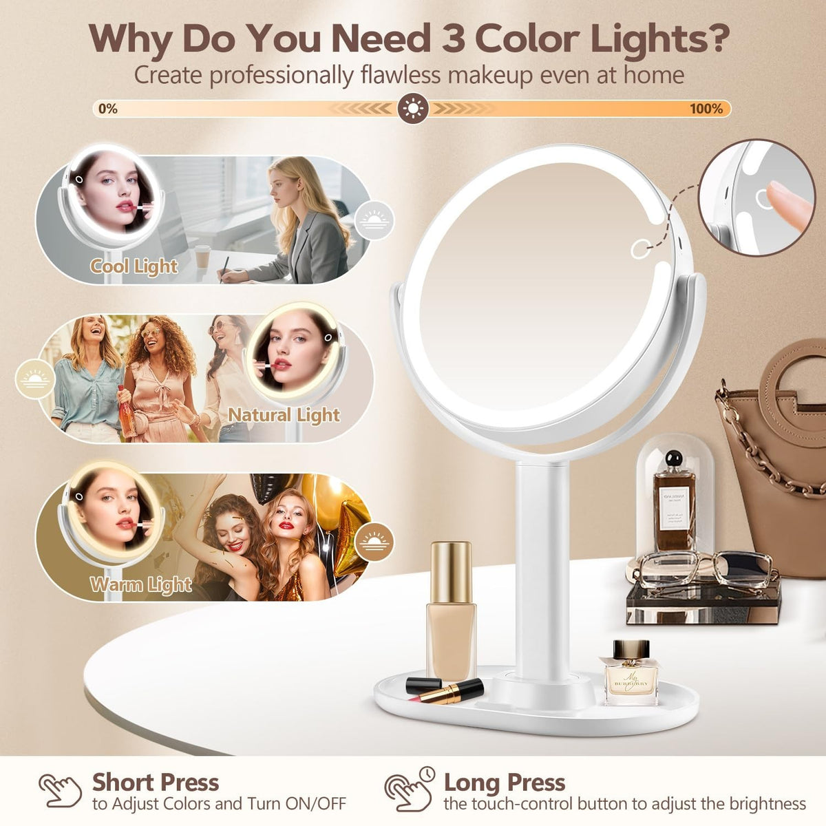 Lighted Makeup Mirror with 30X Magnification, 3 Color Modes, Adjustable Brightness