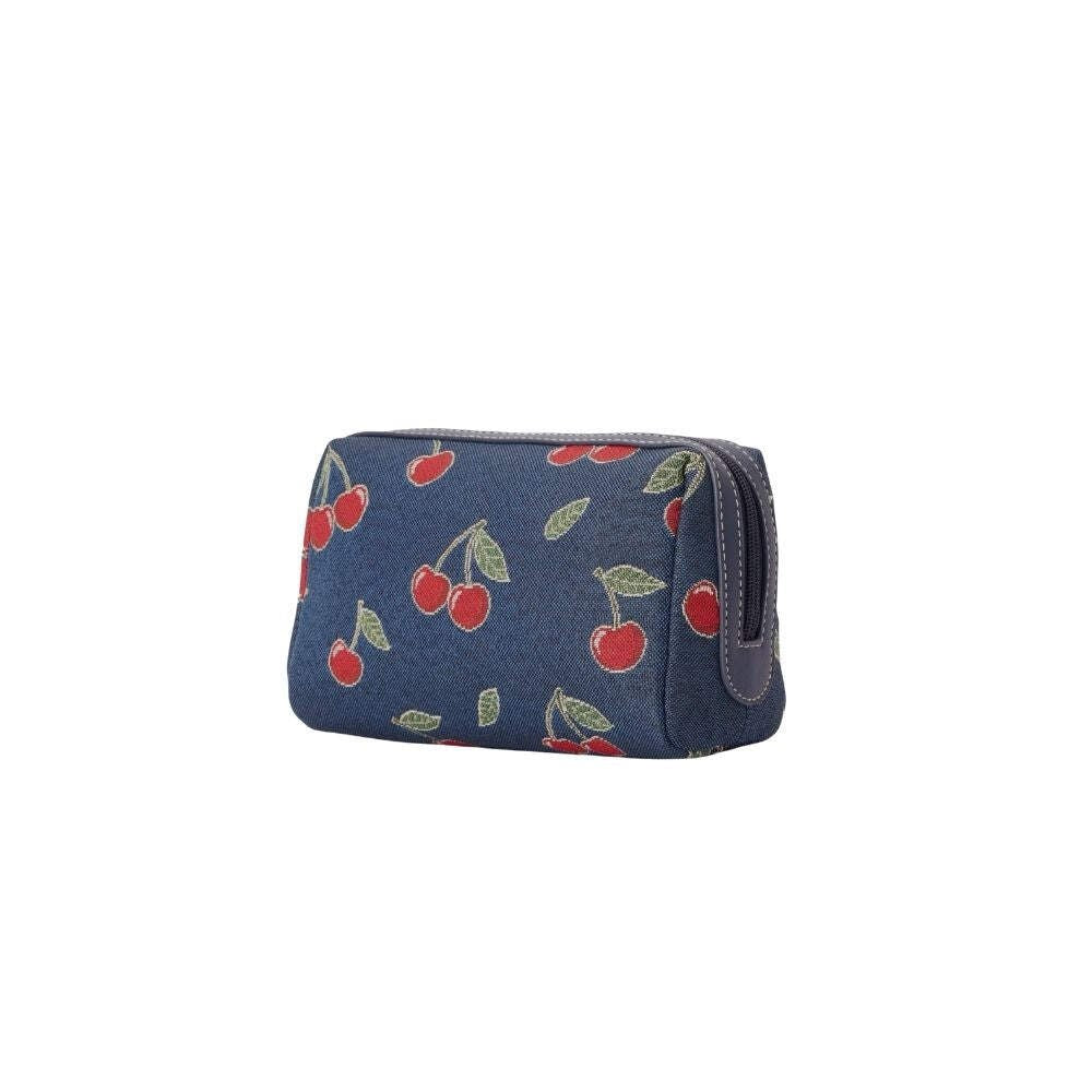 Travel Cosmetic Bag with Cherry Design - Blue Tapestry & Vegan Leather Trim