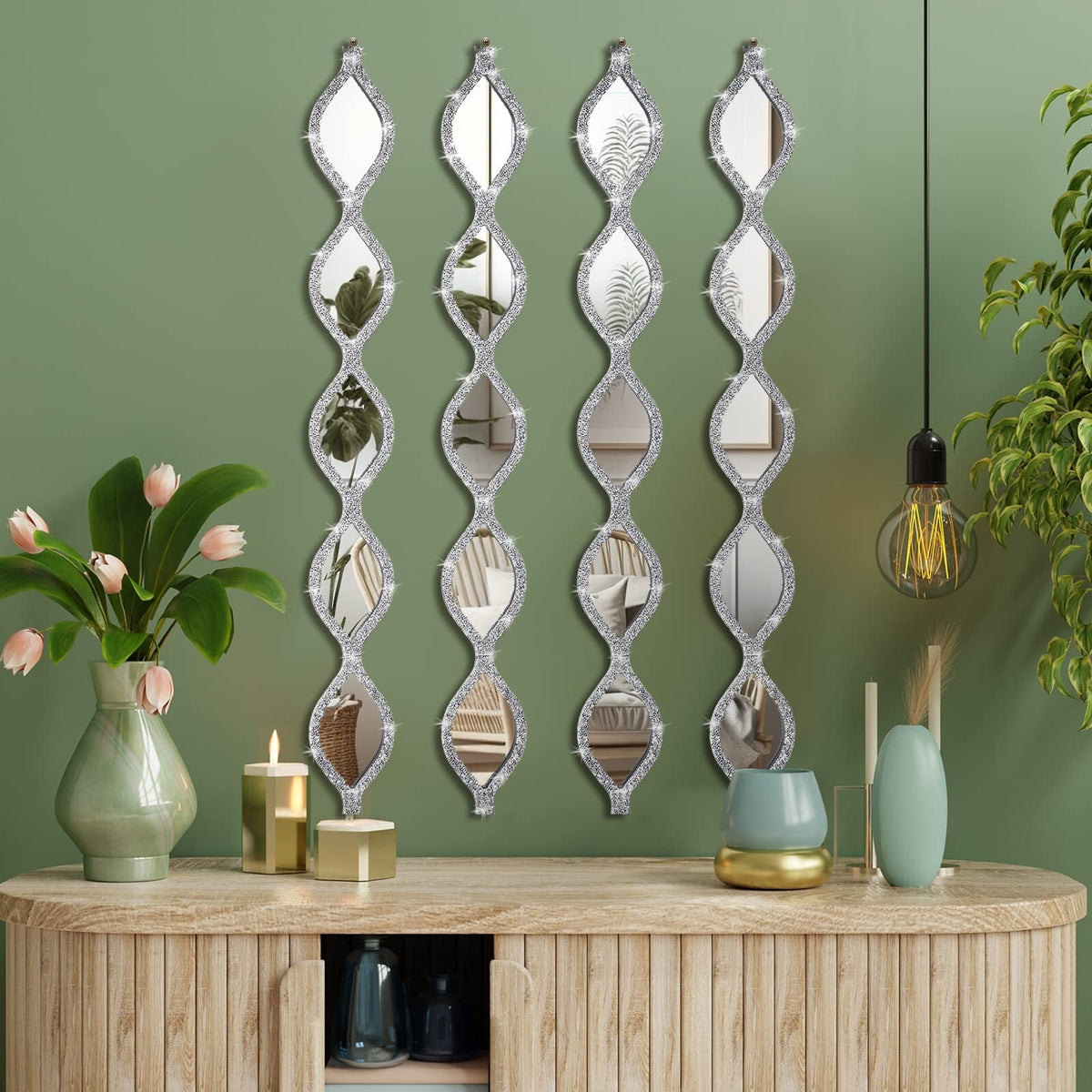 Teardrop Mirror Wall Decor Set - Rustic Diamond Crystal Farmhouse 4-Piece