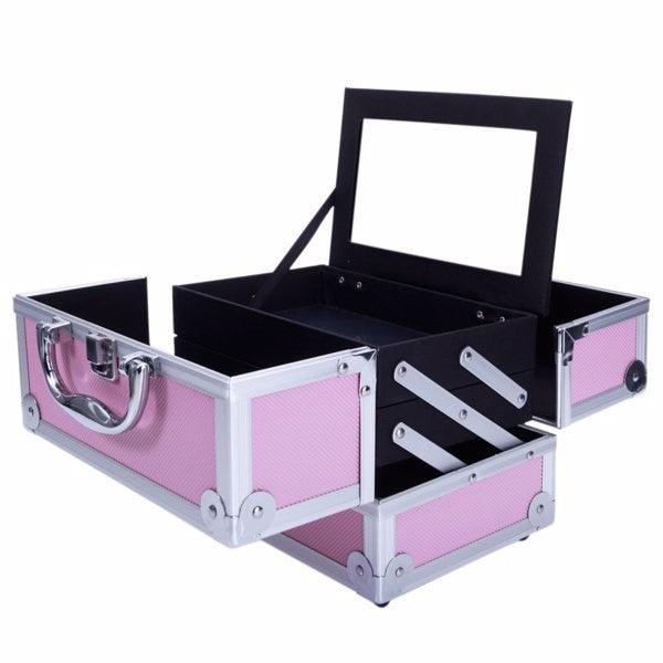 Pink Aluminum Makeup Train Case with Mirror, 9x6x6 in - Jewelry Organizer SM-2176