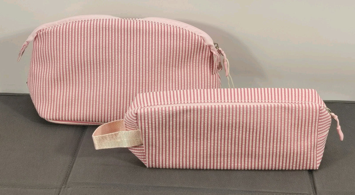 Girls Personalized Makeup Bag Set - Pink & White Striped Letter A