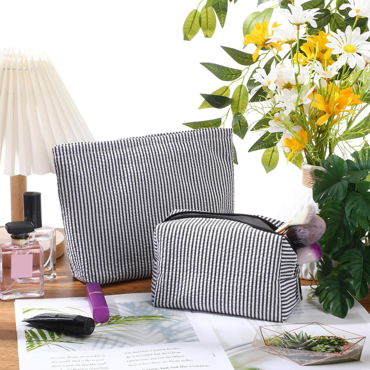2-Piece Makeup Bag Set with Seersucker Material and Colorful Stripes - Travel Cosmetic Pouches for Women