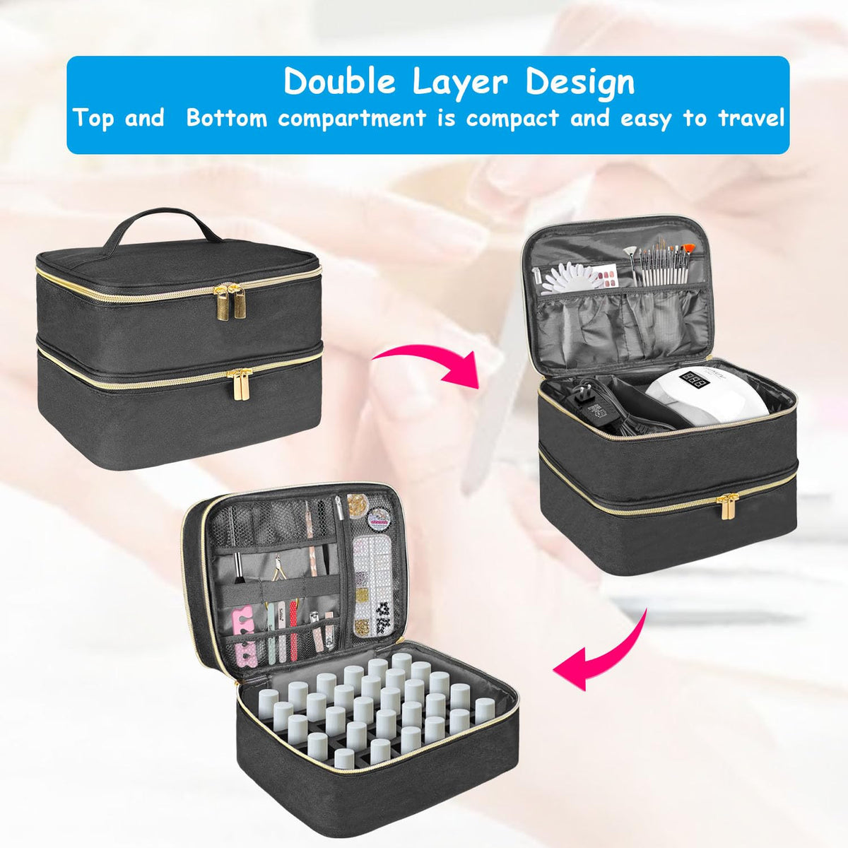 Double-Layer Nail Polish Carrying Case with Storage for 30 Bottles