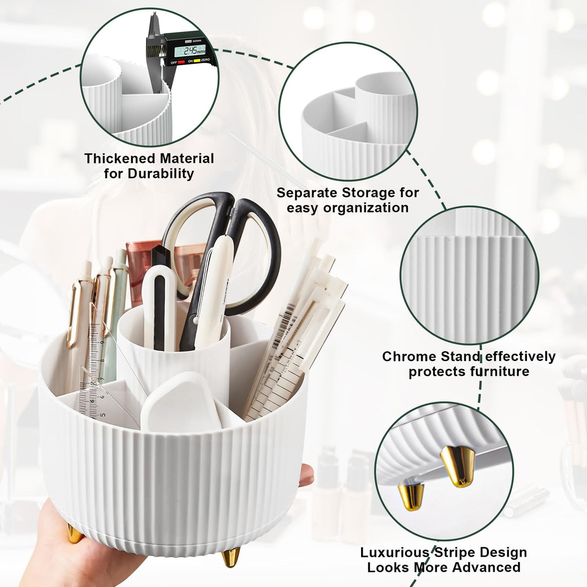Rotating Makeup Brush Organizer Holder with 5 Compartments, White