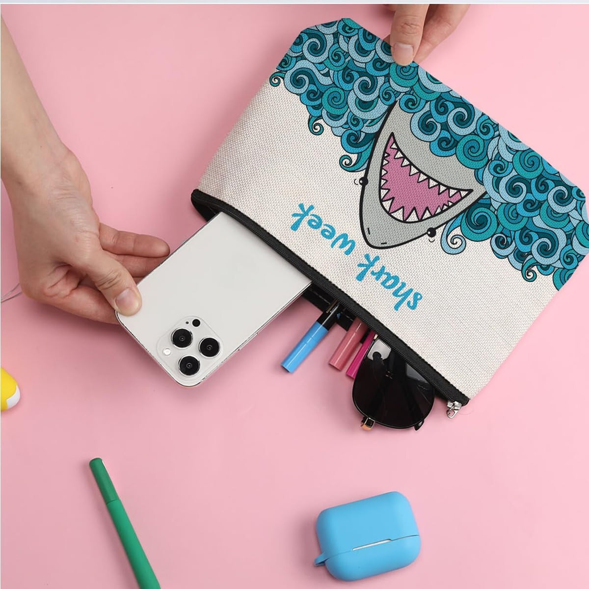 Large Waterproof Makeup Bag with Shark Design - Travel & Cosmetic Storage