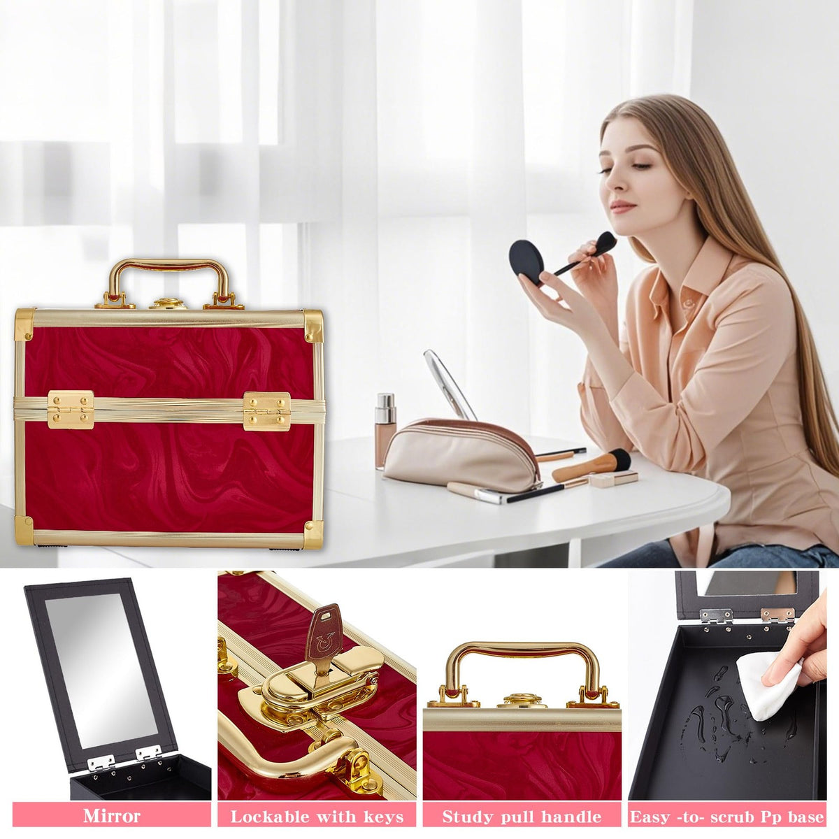 Portable Makeup Train Case with Mirror and 2 Trays - Red Travel Cosmetic Organizer