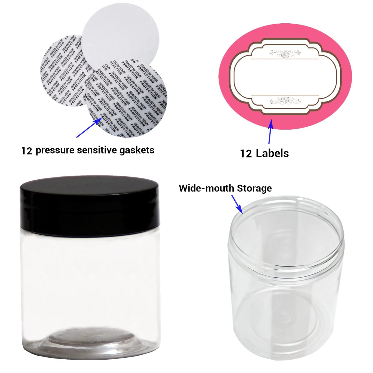 12-Pack 4 oz Plastic Jars with Wide Mouth & Black Lids - Food & Cosmetic Storage Containers