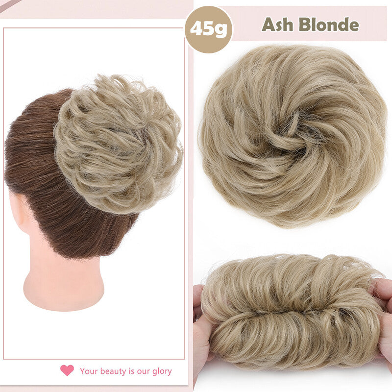 Natural Human Hair Messy Bun Ponytail Extensions with Curly Scrunchie Updo