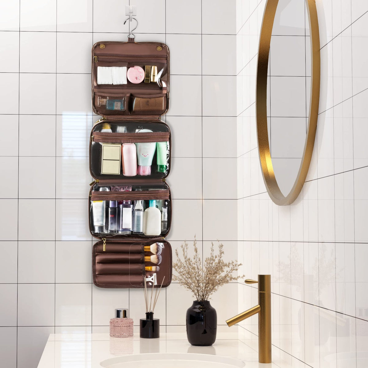 Travel Hanging Toiletry Bag with Removable Compartments - PU Leather Cosmetic Organizer