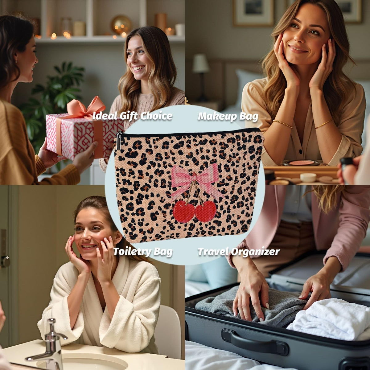 Leopard Print Cherry Makeup Bag for Women, Large Capacity Cosmetic Pouch