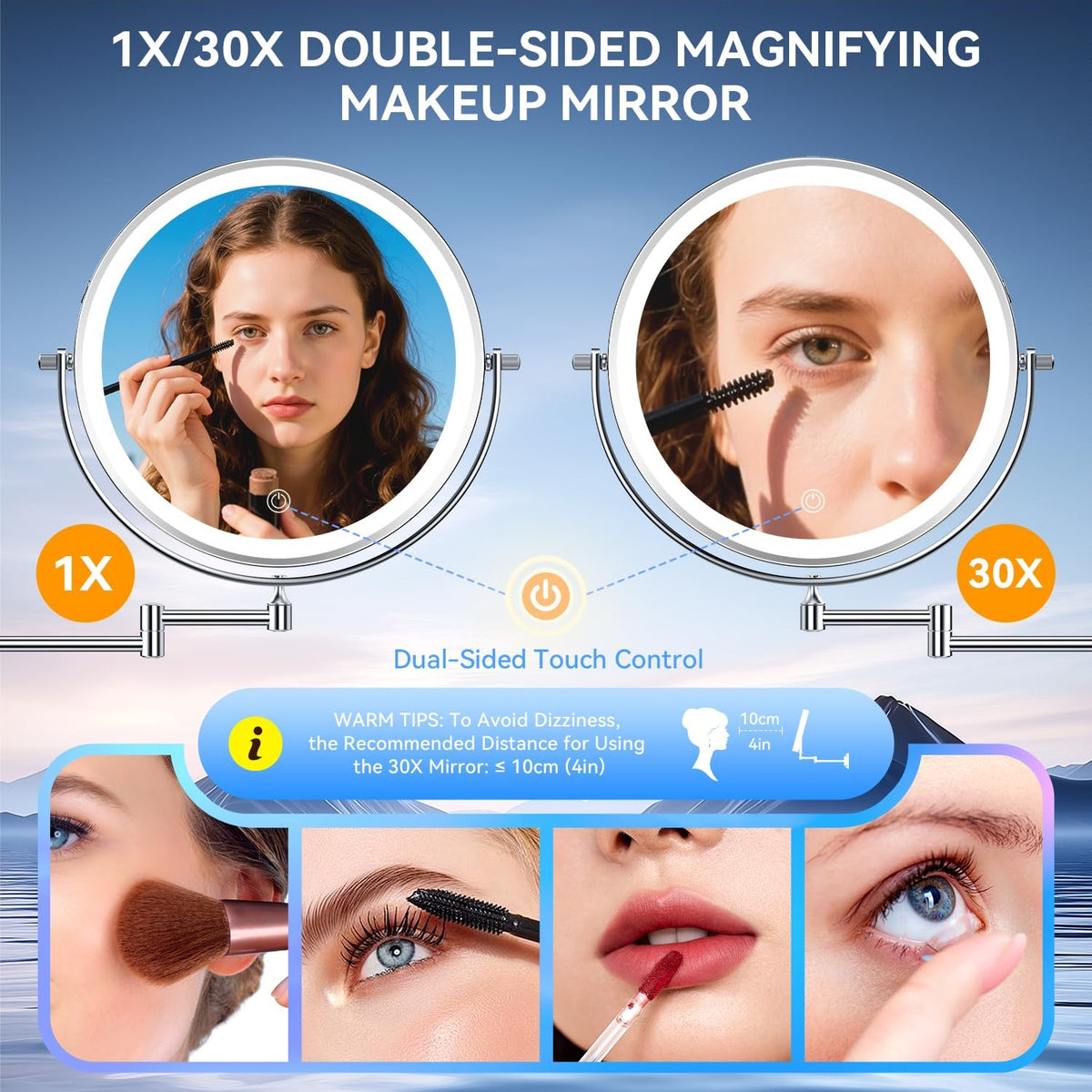 10-Inch Wall Mounted Lighted Makeup Mirror with 30X Magnification and Rechargeable LED