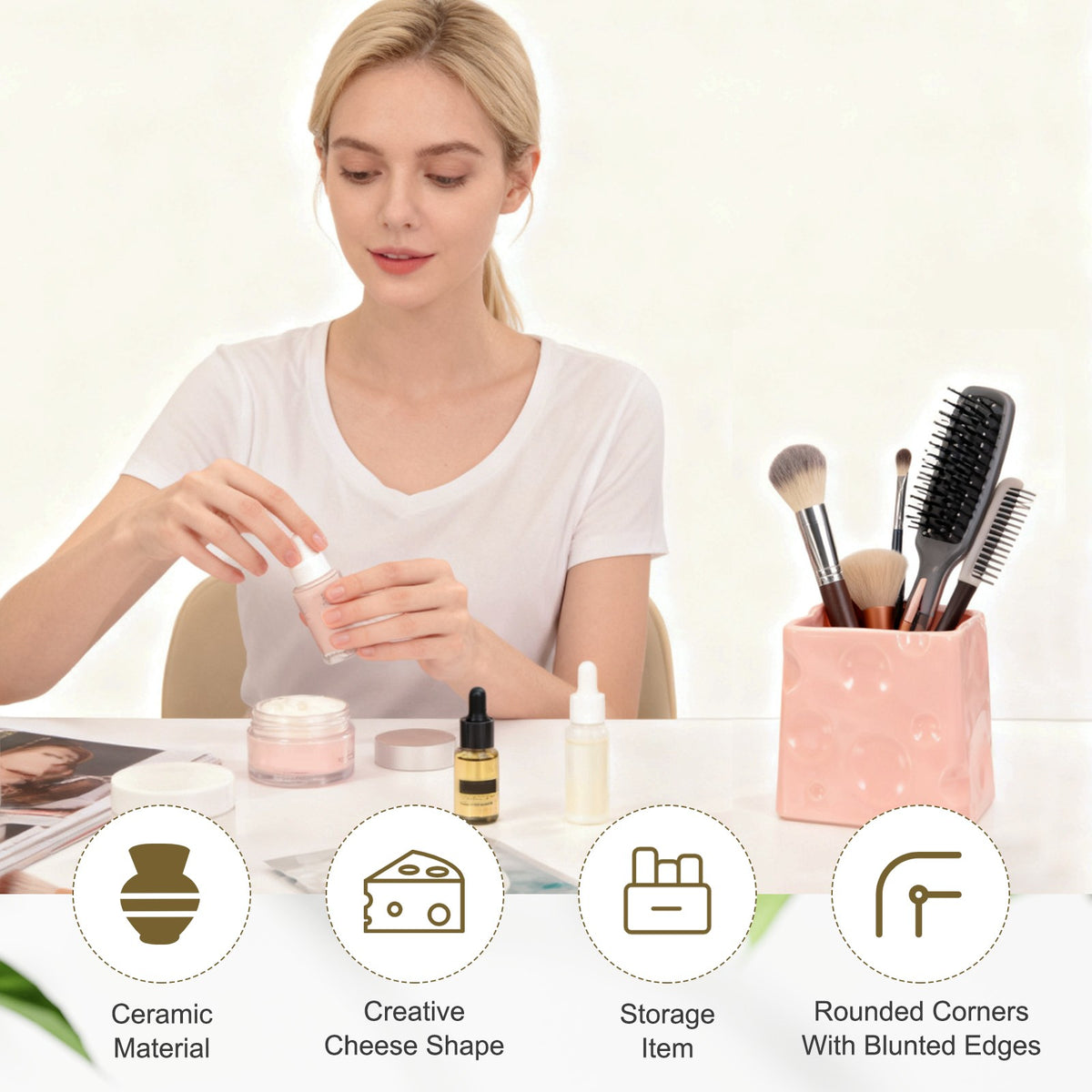 Ceramic Makeup Brush Holder - White 3-Inch Cosmetic Organizer