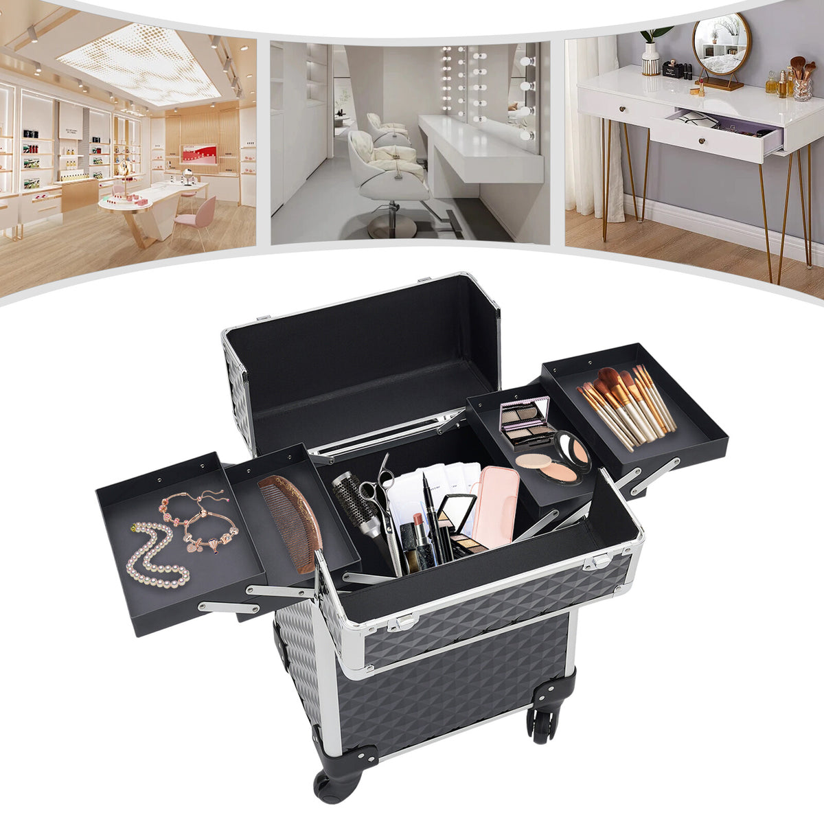Rolling Aluminum Makeup Train Case with Lock & Wheels, Salon Organizer