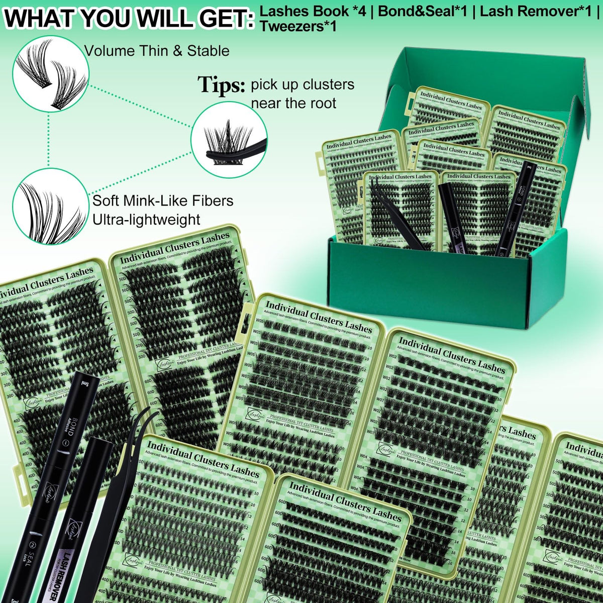 Lash Clusters Kit Wispy False Eyelashes 2304PCS Reusable Strip Lashes