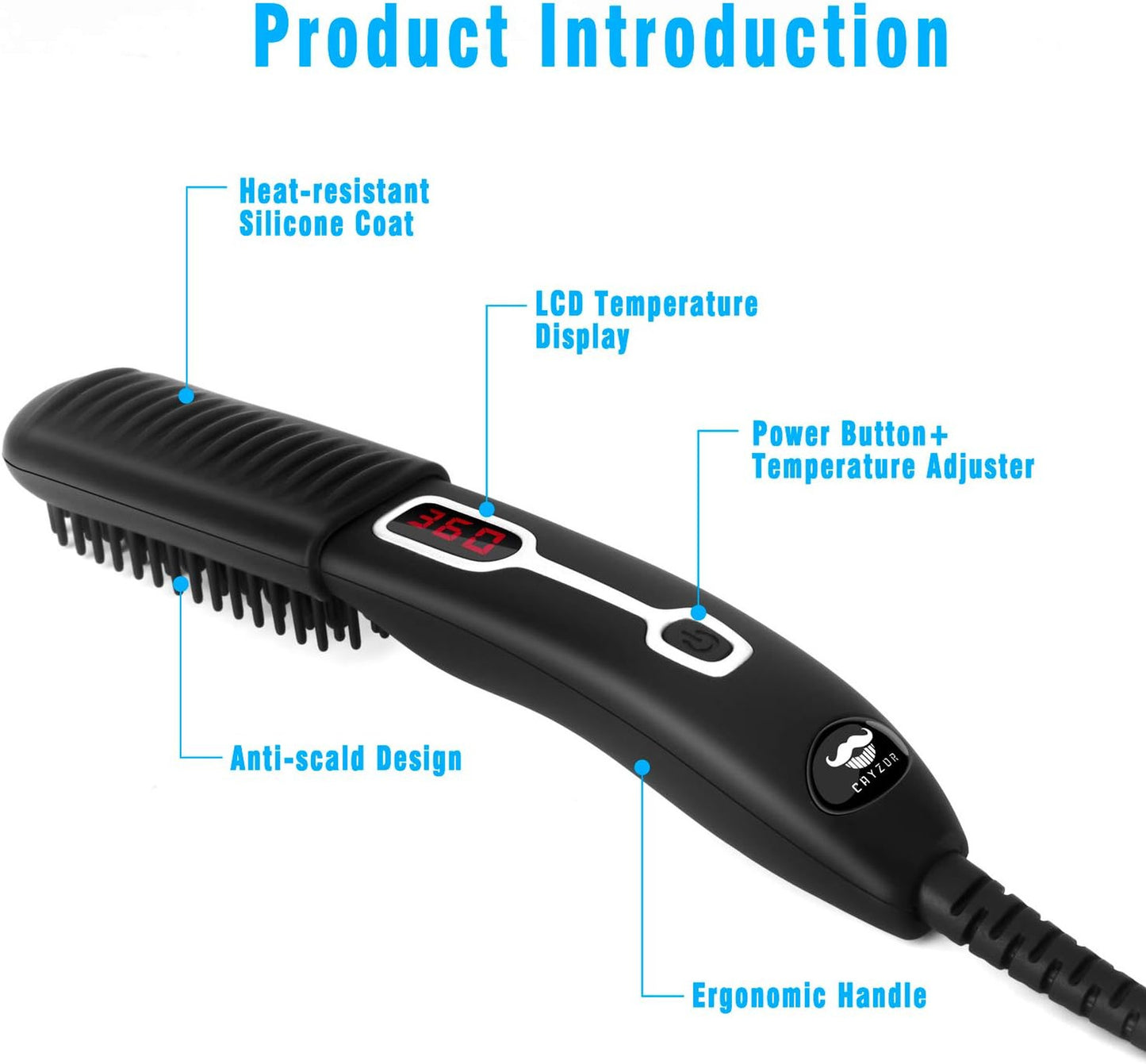Electric Beard Straightener Comb for Men - Portable Heated Styling Brush with LCD