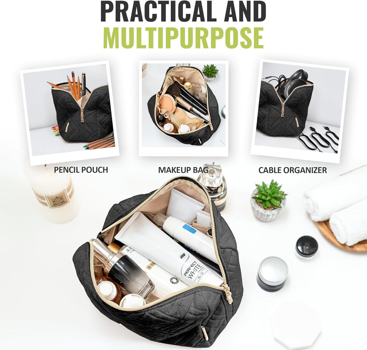 Large Travel Makeup Bag with Water-Resistant Compartments for Women