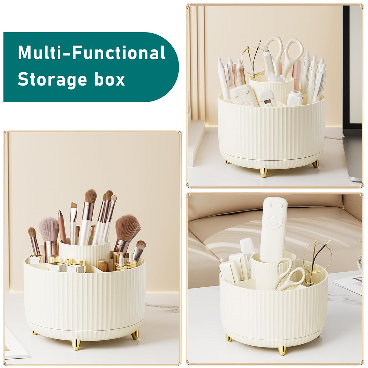 360° Rotating Makeup Brush Organizer Cup with 5 Slots - Vanity Storage