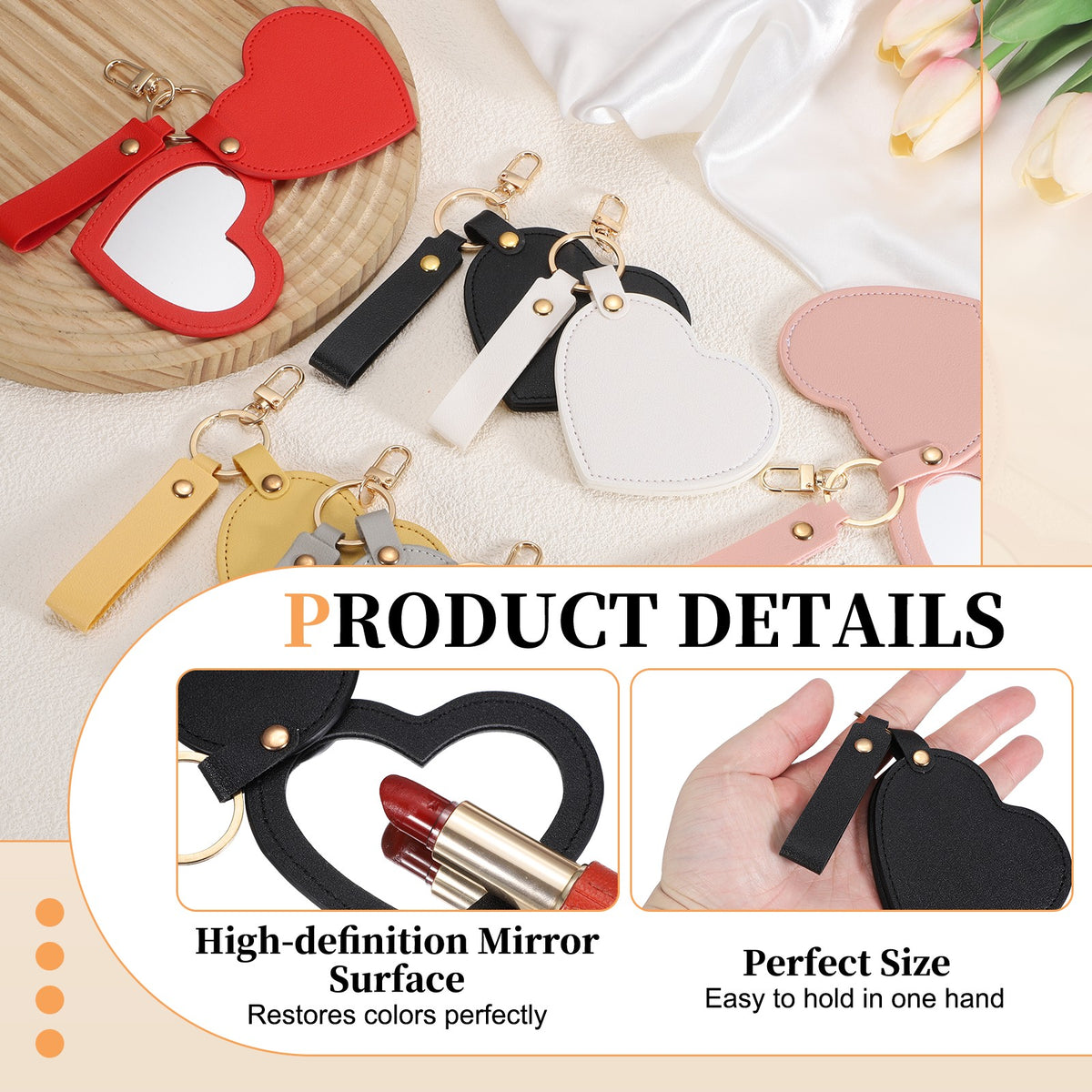 Mini Heart Shape Keychain Mirror with Leather Cover - Compact & Portable