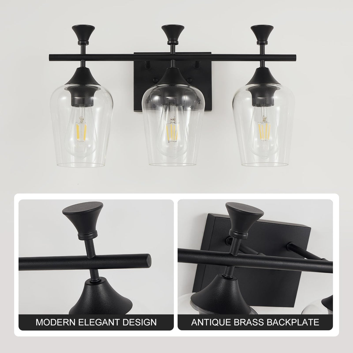 3-Light Matte Black Bathroom Vanity Light Fixture with Clear Wine Glass Shades - Modern Wall Sconce, 19 Inch