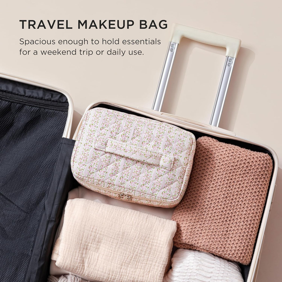 Large Quilted Travel Makeup Bag with Handle - Cotton Cosmetic Organizer