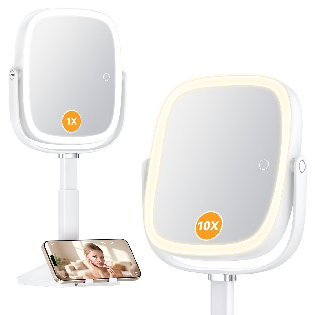 Lighted Magnifying Mirror with Lights & Phone Stand - Height Adjustable, 10X/1X